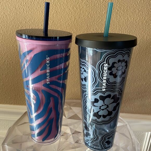 Starbucks Blue Wave Abstract Flower Tumbler Zebra Print Tumbler 24 ounces - Picture 12 of 14